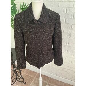 Kasper Blazer Women 14P Black Gold Excellent Tweed Ruffle Collar Jacket